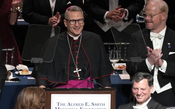 New York Archbishop Ronald A. Hicks smiles after being introduced during the 81st annual Alfred E. Smith Memorial Foundation Dinner at the Waldorf Astoria in New York City Oct. 15, 2026. (OSV News/Gregory A. Shemitz)