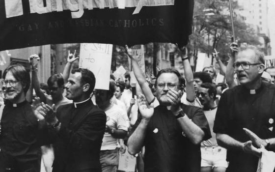 Fr. John McNeill, second from right, marches with Dignity in the gay pride parade in New York City on June 27, 1982. (Courtesy of Charles Chiarelli)