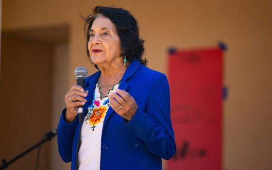 Dolores Huerta, the renowned American labor leader and civil rights activist who co-founded the United Farm Workers union, speaks to students at La Academia Dolores Huerta in Las Cruces, N.M., Oct. 16, 2023. Huerta died Oct. 28, 2026, at 96. (OSV News/USA TODAY NETWORK via Reuters/Sun-News/Meg Potter)
