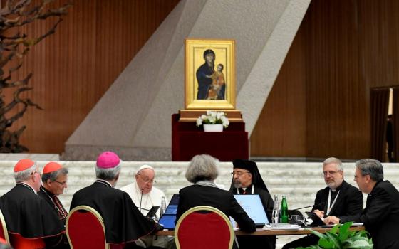 Pope Francis speaks to members of the Synod of Bishops on synodality after they approved their final document Oct. 26, 2024, in the Paul VI Audience Hall at the Vatican. (CNS/Vatican Media)