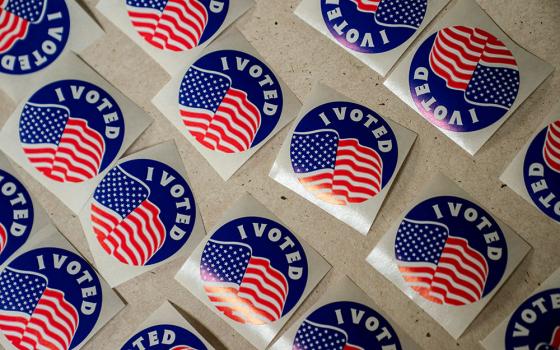 Stickers are lined up on a table for voters at the American Legion Post 53 polling location in Eau Claire, Wis., April 1, 2025. (OSV News/Reuters/Erica Dischino)