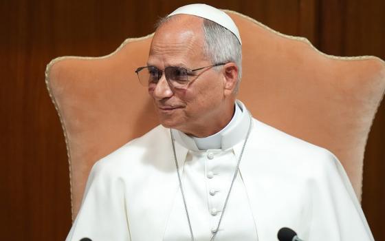 Pope Leo XIV attends a presentation of his encyclical "Magnifica Humanitas: On Safeguarding the Human Person in the Time of Artificial Intelligence" at the Synod Hall at the Vatican May 25, 2026. (CNS photo/Lola Gomez)