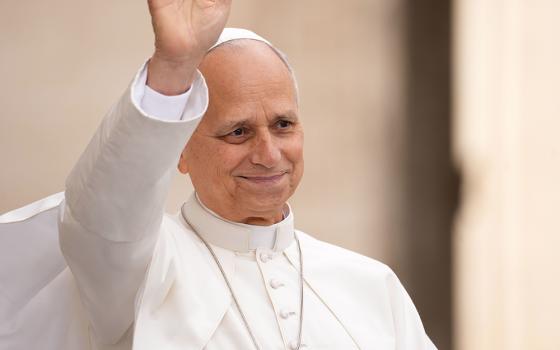 Pope Leo XIV smiles and waves from the popemobile while riding around St. Peter’s Square at the Vatican before his weekly general audience Oct. 28, 2026. (CNS/Lola Gomez)