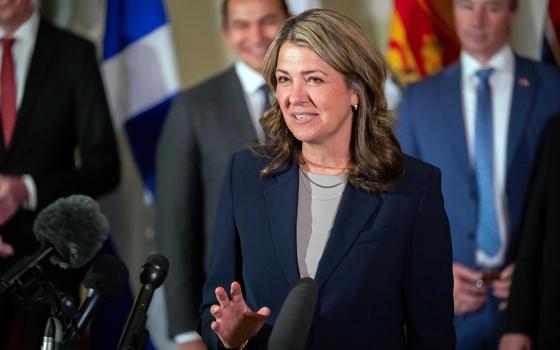 Premier of Alberta Danielle Smith, accompanied by other Council of the Federation members, speaks to reporters at the Mayflower Hotel in Washington, Feb. 12, 2025. (AP photo/Ben Curtis, file)