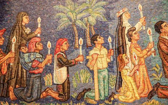 A procession of the faithful is depicted in mosaic in Our Lady of Guadalupe Chapel at the Basilica of the National Shrine of the Immaculate Conception, Washington, D.C. (Teresa Malcolm)