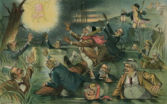 A chromolithograph by Louis Dalrymple in Puck magazine, March 4, 1896, shows presidential hopefuls in a swamp containing "Jingoism," "Blunders" and "Demagogism." (U.S. Library of Congress/Keppler & Schwarzmann)