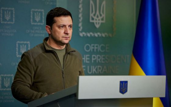 Ukrainian President Volodymyr Zelensky makes a statement in Kyiv Feb. 25,a day after Russia launched a massive military operation against Ukraine. (CNS photo/Reuters/Ukrainian Presidential Press Service)
