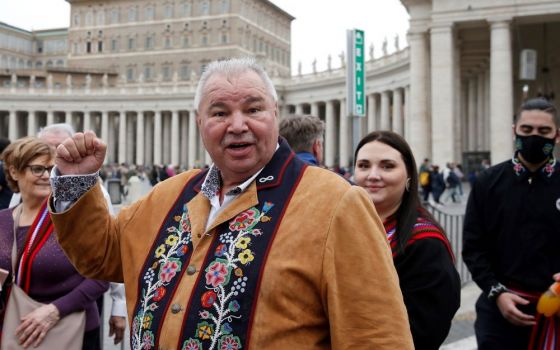 David Chartrand, president of the Manitoba Métis Federation, gestures with this fist following a meeting of a Canadian Métis delegation with Pope Francis at the Vatican April 21. (CNS/Paul Haring)