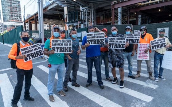 Union members in New York City hold a strike July 2, 2020. (CNS/Sipa USA via Reuters/Lev Radin)