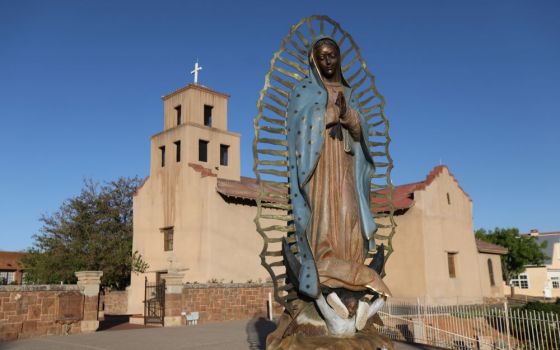 A sculpture is pictured outside the Sanctuary of Our Lady of Guadalupe in Santa Fe, N.M., May 20, 2021. It is the oldest church in the United States dedicated to Our Lady of Guadalupe and is listed on the New Mexico State Register of Cultural Properties. 