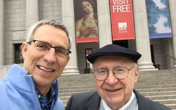 Fr. Michael Himes and Steve Miller stand outside the Boston Museum of Fine Arts in 2017. Himes, who taught at Boston College from 1993 to 2021 and previously taught at the University of Notre Dame, died June 10 at age 75. (NCR photo/Steve Miller)