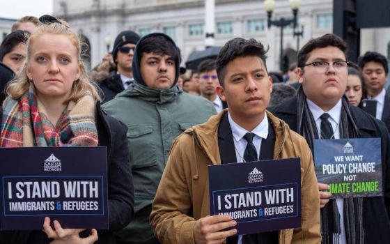 Students of Jesuit schools take part in a public demonstration for immigration reform and environmental justice outside Union Station in Washington D.C. Nov. 18 on the final day of the Ignatian Family Teach-in for Justice. (Ignatian Solidarity Network)