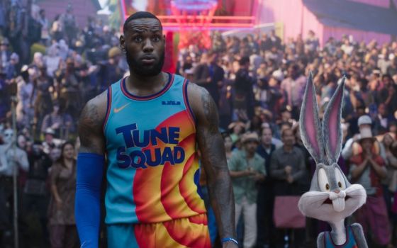 Lebron James and Bugs Bunny star in a scene from the animated, live-action movie "Space Jam: A New Legacy." (CNS/Warner Bros. Pictures)