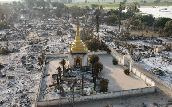 An aerial view of burned Bin village in Myanmar's Sagaing region is seen Feb. 3, 2022, after villagers say it was set ablaze by the Myanmar military. (CNS/Reuters)