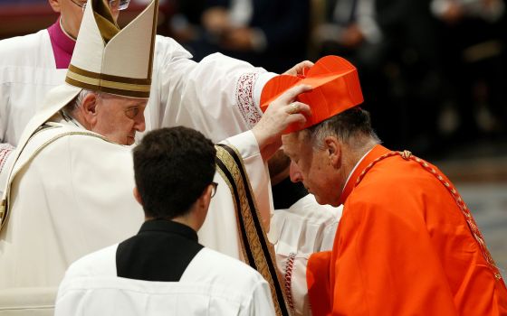 Pope Francis places a red biretta on new U.S. Cardinal Robert W. McElroy of San Diego during a consistory for the creation of 20 new cardinals in St. Peter's Basilica at the Vatican Aug. 27. (CNS/Paul Haring)