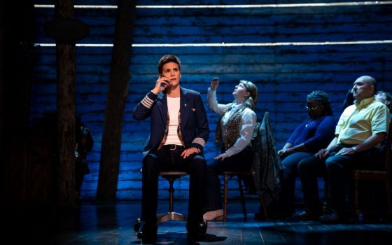 Jenn Colella, who was nominated for a Tony award for her role in Broadway's "Come From Away," plays Captain Beverly Bass in the Apple TV+ live film recording of the stage production. Also pictured are Emily Walton, Q. Smith and Joel Hatch, all of whom pla