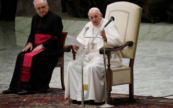 Pope Francis delivers his message on the occasion of the weekly general audience in the Paul VI hall at the Vatican Oct. 21. (AP/Gregorio Borgia)