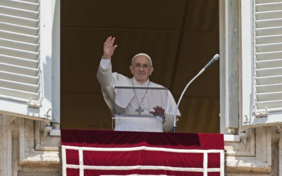 Pope Francis salutes the crowd as he arrives for the Angelus noon prayer from the window of his studio overlooking St.Peter's Square, at the Vatican July 18. (AP/Alessandra Tarantino)