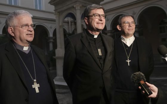 From left, Mons. Olivier Leborgne, Bishop of Arras and Vice-President of the French bishops' conference, Mons. Eric de Moulins-Beaufort, archbishop of Reims and President of the French conference of bishops, and Monsignor Dominique Blanchet, bishop of Cre