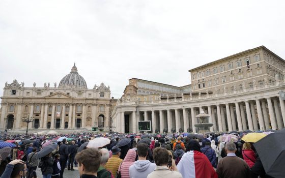 Faithful gather to listen to Pope Francis' Angelus noon prayer in St. Peter's Square, at the Vatican, Sunday, Nov. 14, 2021. (AP Photo/Gregorio Borgia, File)