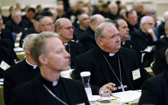 Miami Auxiliary Bishop Peter Baldacchino sits with fellow members of the the United States Conference of Catholic Bishops during a session at the USCCB's annual fall meeting in Baltimore, on Nov. 13, 2017. (AP Photo/Patrick Semansky)