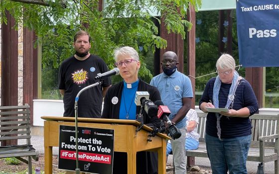 The Rev. Donna Dolham speaks during a press conference at the Allen Avenue Unitarian Universalist Church, Tuesday, Aug. 10, 2021, in Portland, Maine. RNS photo by Jack Jenkins