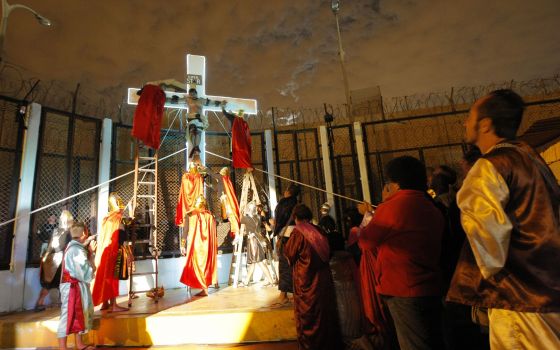 Inmates perform Jesus Christ Superstar inside the Sarita Colonia prison in Callao, Peru, Tuesday, April 15, 2014. Domestic and foreign prisoners put on the play for an audience of prison authorities during Holy Week for the third year in a row. (AP Photo/