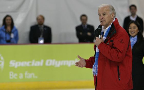 Vice President Joe Biden speaks to the audience at the Special Olympics pairs ice skating competition on Feb. 12, 2009, in Boise, Idaho. (AP Photo/Matt Cilley)