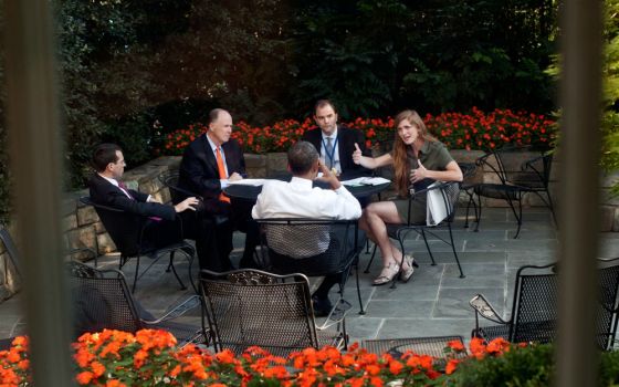 President Barack Obama meets with advisers, including Samantha Power (right), on the patio outside the Oval Office, Sept. 14, 2011. (Flickr/Obama White House/Pete Souza)