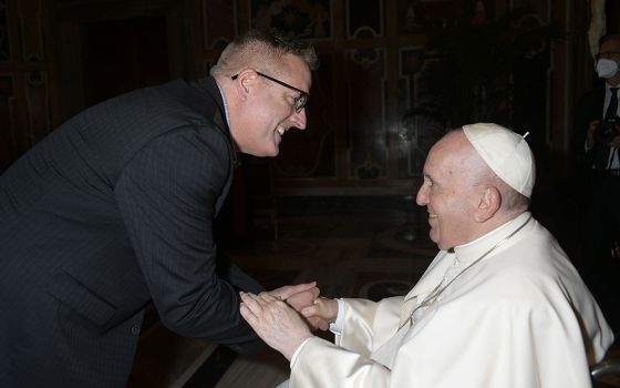 Aaron Bianco, a gay man who received death threats as a San Diego parish worker, meets with Pope Francis May 13 at the Vatican, after speaking at a conference on Amoris Laetitia ("The Joy of Love"). (Courtesy of Aaron Bianco)