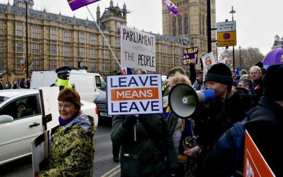Brexit supporters demonstrate outside Parliament in London Jan. 29. (Wikimedia Commons/ChiralJon)