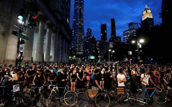 Black Lives Matter demonstrators in New York City block traffic June 30 near an area being called the "City Hall Autonomous Zone." (CNS/Reuters/Andrew Kelly)