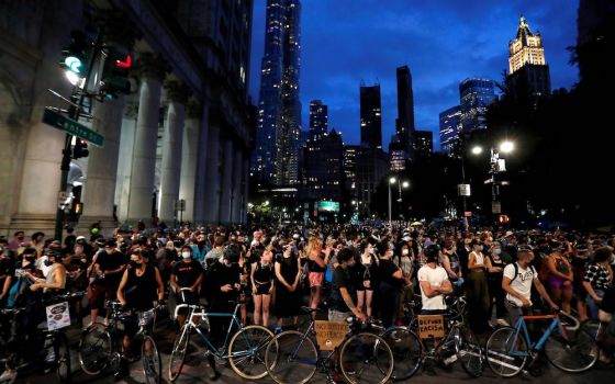 Black Lives Matter demonstrators in New York City block traffic June 30 near an area being called the "City Hall Autonomous Zone." (CNS/Reuters/Andrew Kelly)