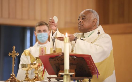 Washington Archbishop Wilton Gregory, who four hours earlier had learned Pope Francis had named him a cardinal, celebrates his first Mass as a cardinal-designate Oct. 25, at Holy Angels Church in Avenue, Maryland. (CNS/Catholic StandardAndrew Biraj)