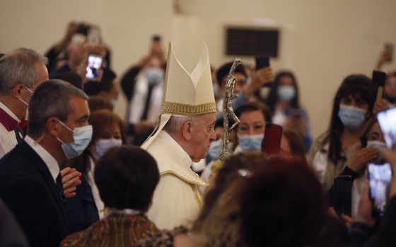 Pope Francis arrives to celebrate Mass at St. Joseph Chaldean Catholic Cathedral in Baghdad March 6, 2021. (CNS/Paul Haring)