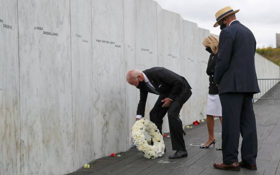 Democratic presidential nominee Joe Biden and his wife Jill Biden lay a wreath during a visit to the Flight 93 National Memorial wall near Shanksville, Pennsylvania, Sept. 11. The day marked the 19th anniversary of the 9/11 aviation terrorist attacks on t