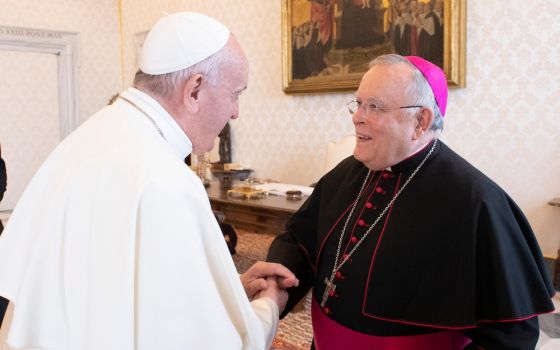 Pope Francis greets Archbishop Charles Chaput of Philadelphia during a meeting with U.S. bishops from New Jersey and Pennsylvania in the Apostolic Palace at the Vatican Nov. 28, 2019. (CNS/Vatican Media)