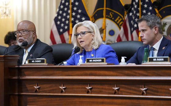 Rep. Liz Cheney, R-Wyoming, gives her opening remarks as Rep. Bennie Thompson, D-Mississippi, left, and Rep. Adam Kinzinger, R-Illinois, look on, as the U.S. House Select Committee on the January 6 Attack holds its first public hearing. (AP)