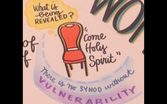 An illustration of an empty chair and the words "Come Holy Spirit" are featured on a graphic recording wall where concepts were captured in art the Sept. 22-23 Catholic Partnership Summit in Washington. (Courtesy of Leadership Roundtable) 