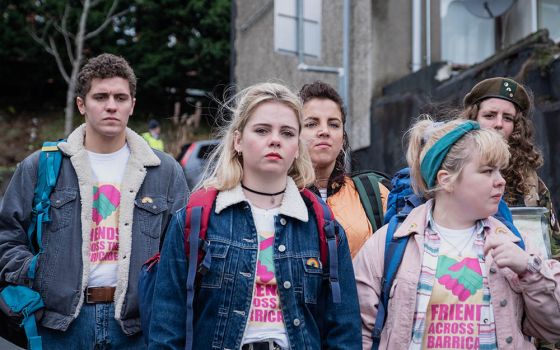 From left: Dylan Llewellyn as James, Saoirse-Monica Jackson as Erin, Jamie-Lee O'Donnell as Michelle, Nicola Coughlan as Clare, and Louisa Harland as Orla in "Derry Girls" (Courtesy of Netflix)