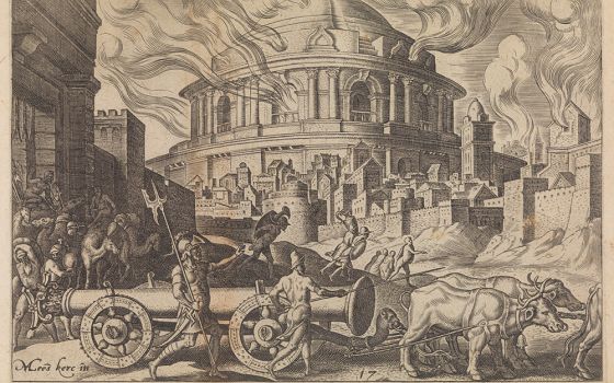 "The Chaldeans Carrying Away the Pillars of the Temple of Jerusalem," from "The Disasters of the Jewish People," plate 17, a 1569 engraving by Philips Galle, after Maarten van Heemskerck (Metropolitan Museum of Art)