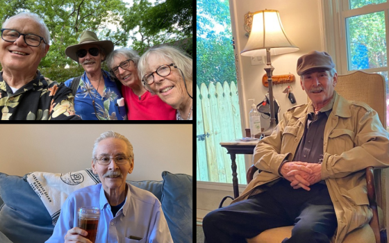 Clockwise, from top left: Peter Daly (left), José Luis Sánchez, and two friends, Jane Head and Nancy Smith; José Luis in a chair; and José Luis holding coffee on the couch at Peter's house (Courtesy of Peter Daly)