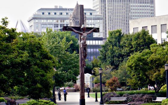 A crucifix created by Austrian artist Jos Pirkner is seen on the campus of Duquesne University in Pittsburgh. (Wikimedia Commons/Alekjds)