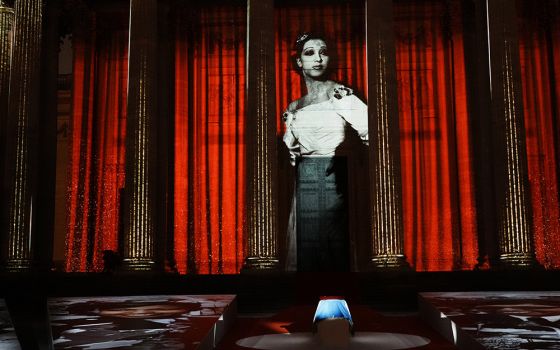 Josephine Baker is projected on the Pantheon monument during a ceremony Nov. 30, 2021, in Paris, France, where she was symbolically inducted, becoming the first Black woman to receive France's highest honor. (AP photo/Thibault Camus, pool)