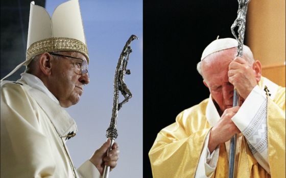 Right, Pope Francis in Geneva in June (CNS/Paul Haring); left, Pope John Paul II in St. Louis in 1999 (CNS/Nancy Wiechec)