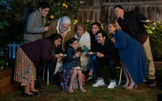 From left: Manuel Uriza as Ernesto, Laura Patalano as Beatriz, Joaquín Cosío as Casimiro, Bianca Melgar as Nayeli, Alma Martinez as Lupe, Karrie Martin as Ana, Carlos Santos as Chris, Annie Gonzalez as Lidia, and JJ Soria as Erik in "Gentefied." (Netflix)