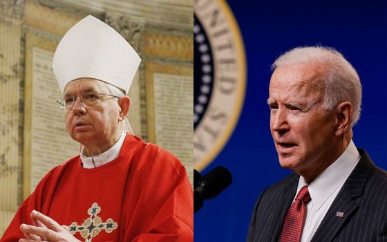 Los Angeles Archbishop José Gomez, president of the U.S. Conference of Catholic Bishops, in Rome in January 2020 (CNS/Paul Haring); U.S. President Joe Biden at the White House in Washington Feb. 10, 2021 (CNS/Reuters/Carlos Barria)