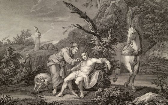 Detail of engraving "The Good Samaritan (St. Luke, Ch. 10, ver. 30)" by Jean Marie Delattre, engraved by Simon Francis Ravenet, published by John Boydell, Feb. 24, 1772 (Metropolitan Museum of Art, Harris Brisbane Dick Fund, 1932)