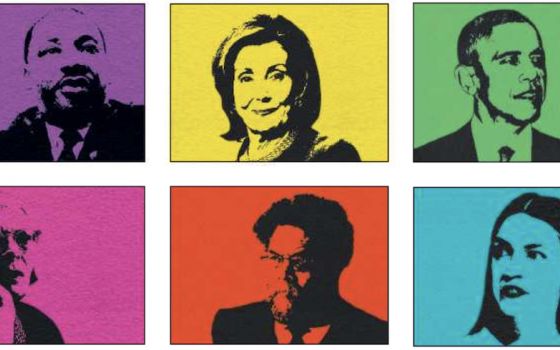 Top row, left to right: Rev. Martin Luther King Jr., House Speaker Nancy Pelosi, former President Barack Obama; Bottom row: Dorothy Day, Cornell West, U.S. Rep. Alexandra Ocasio-Cortez (NCR digitally manipulated images/Wikimedia Commons, CNS)