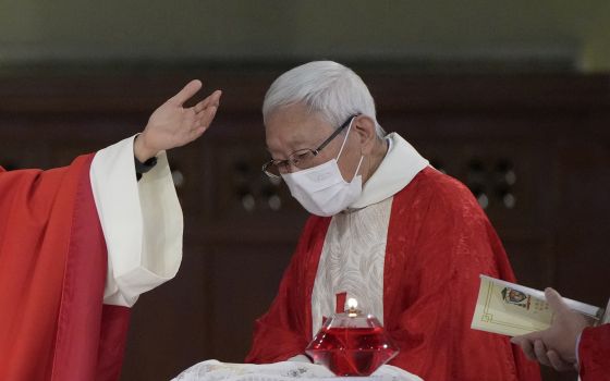 Retired archbishop of Hong Kong Joseph Zen, attends the episcopal ordination ceremony of Bishop Stephen Chow, in Hong Kong, Saturday, Dec. 4, 2021. (AP Photo/Kin Cheung)